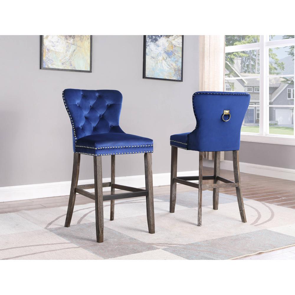 24" Tufted Velvet Upholstered Bar stool in Oceanic Blue, Set of 2, Oceanic Blue. Picture 1