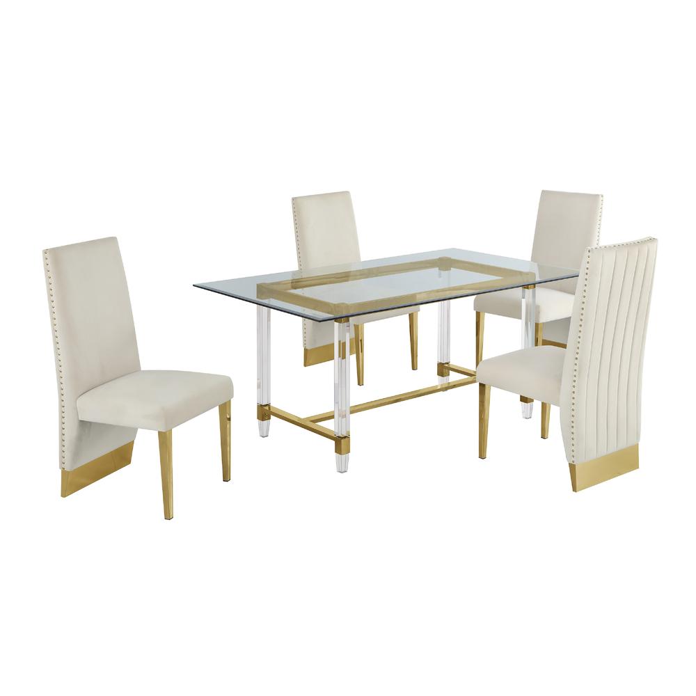 Acrylic Glass 5pc Gold Set Pleated Chairs in Beige Velvet. Picture 2