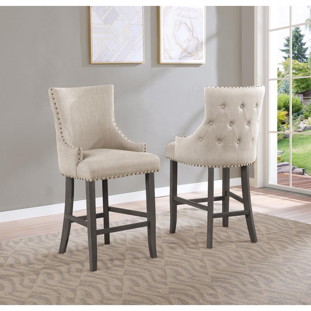 24" Tufted Linen Bar Stools in Beige (Set of 2), Beige. The main picture.