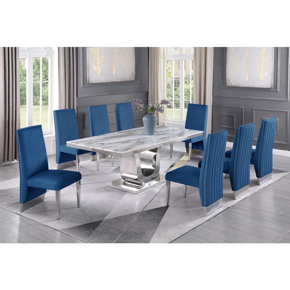White Marble 9pc Set Pleated Chairs in Navy Blue Velvet. Picture 1