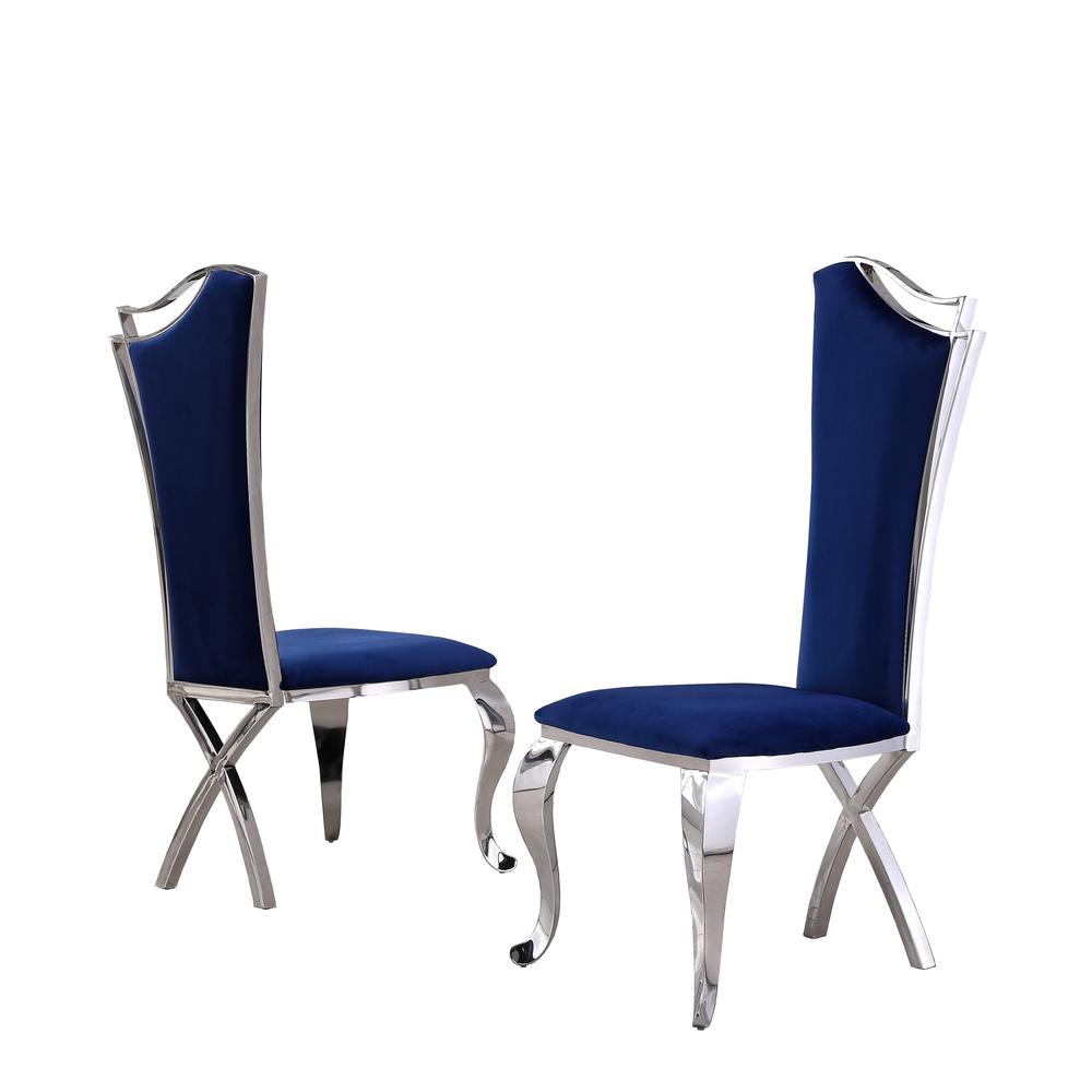 White Marble 5pc Set Non-Tufted Stainless Steel Chairs in Navy Blue Velvet. Picture 6