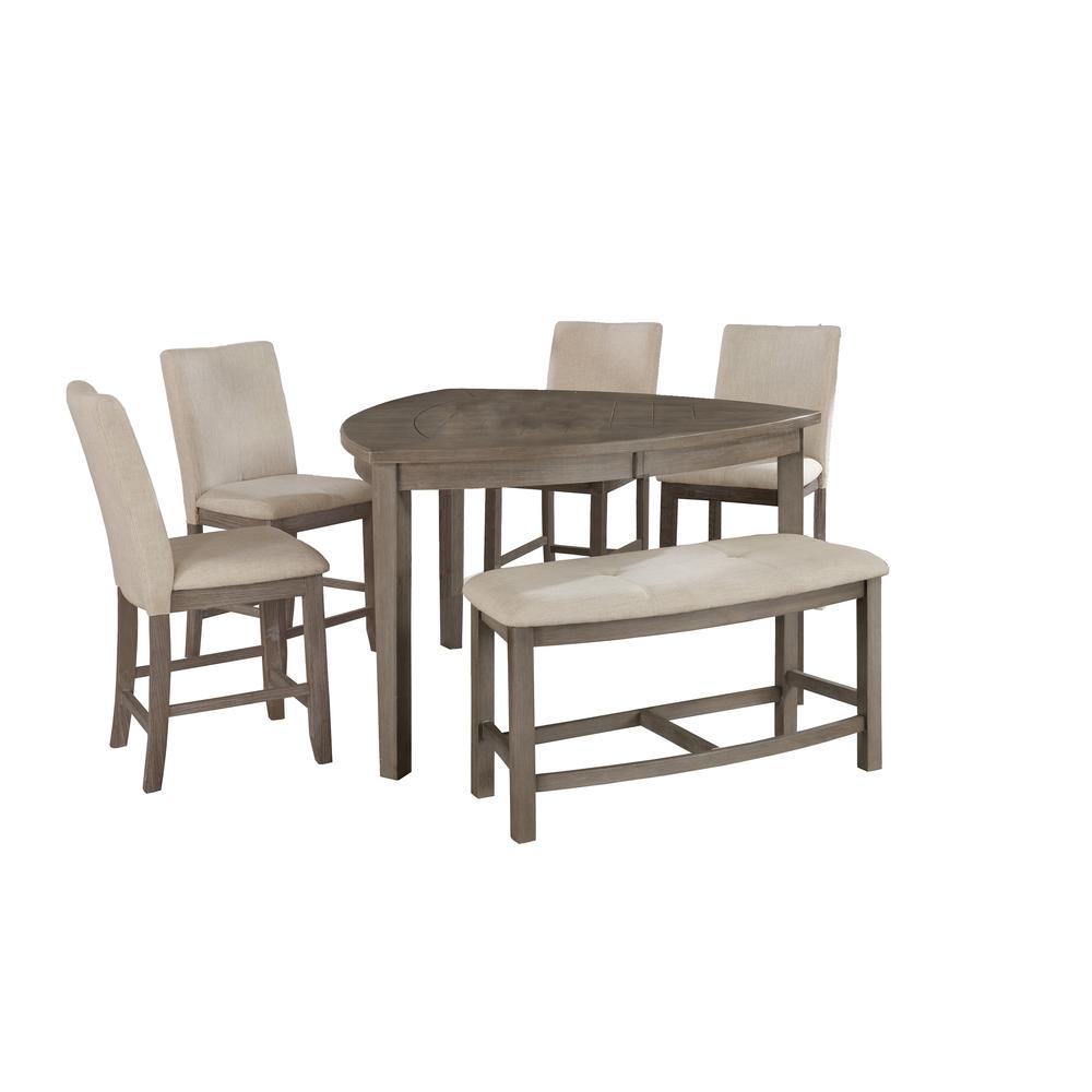 6pc Counter Height Dining Set in Rustic Grey, Petal-Shaped Table, 4 Chairs & 1 Bench in Beige. Picture 1