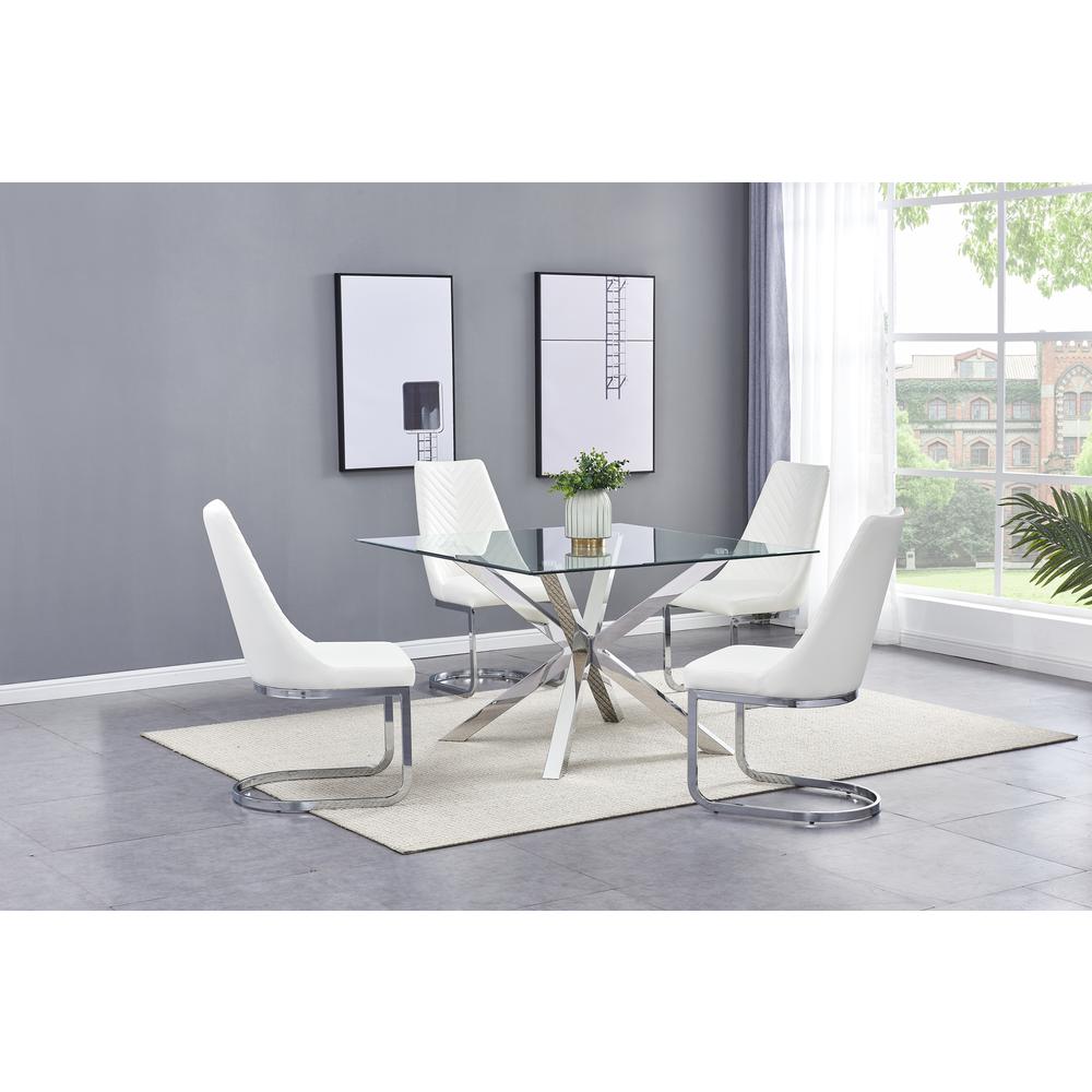 Square Tempered Glass 5pc Set Chrome Chairs in White Faux Leather. Picture 1