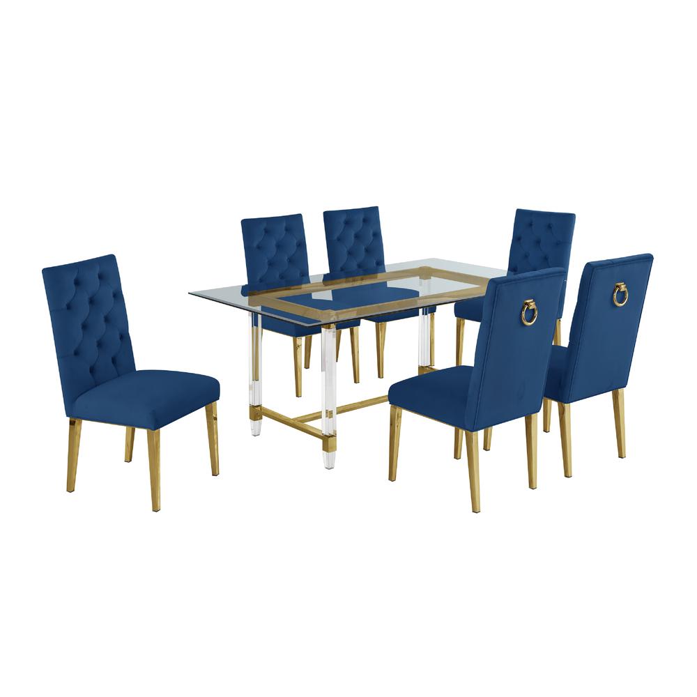 Acrylic Glass 7pc Gold Set Tufted Ring Chairs in Navy Blue Velvet. Picture 2