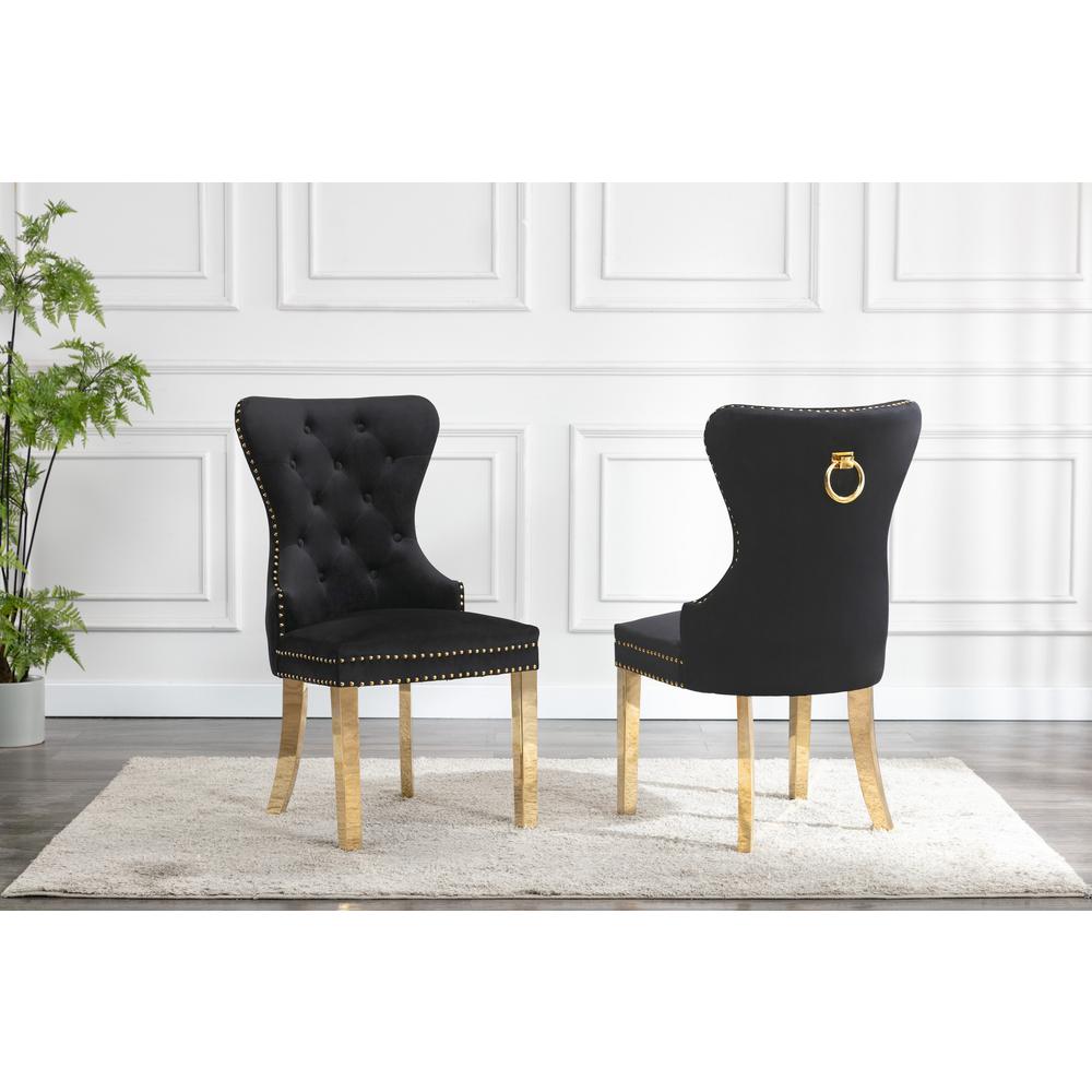 Velvet Tufted Side Chair Set of 2, Stainless Steel Gold Legs, Black. Picture 1