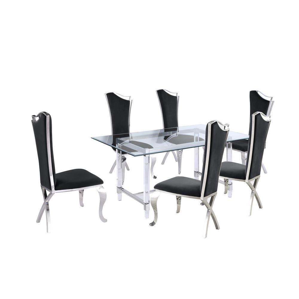 Tempered Glass 7 Piece Dining Set: Table Acrylic and Dining Chairs Stainless Steel in Black Velvet. Picture 1