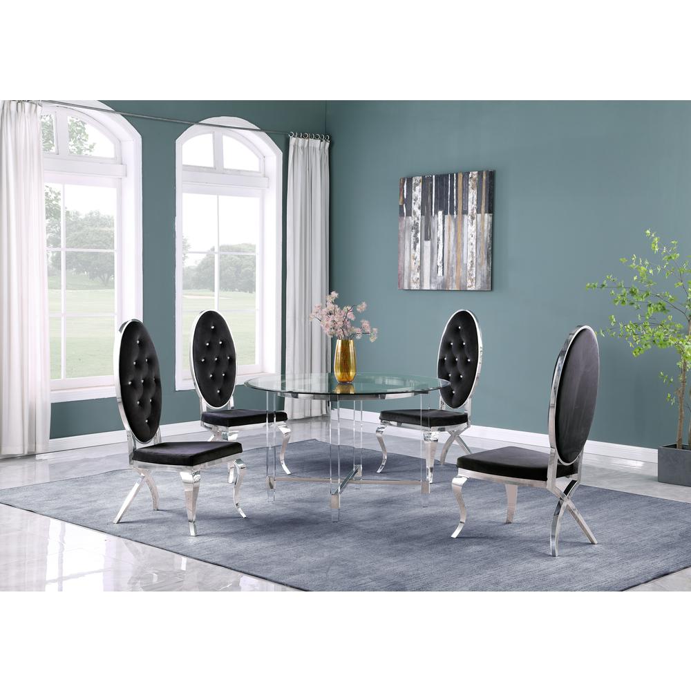 Round 5 Piece Dining Set: Glass Table Acrylic, 4 Dining Chairs Faux Crystal in Black Velvet. Picture 1