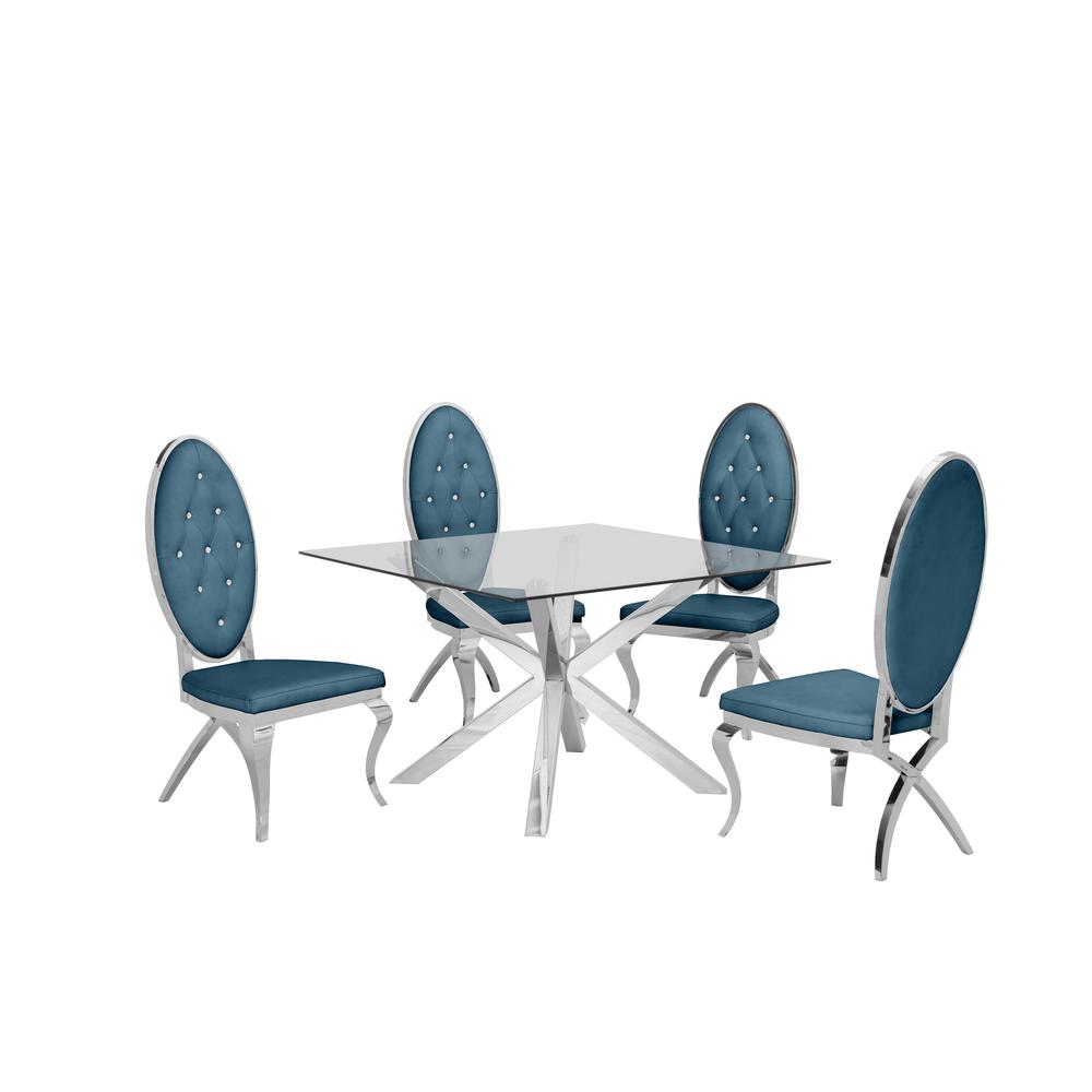 Stainless Steel 5 Piece Dining Set, w/ Teal Velvet Side Chairs 967. Picture 1