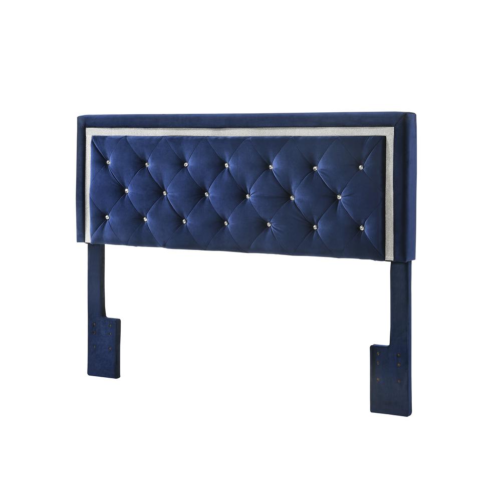 Queen/Full Headboard Panel Navy Blue Velvet Upholstered Tufted Accents. Picture 1