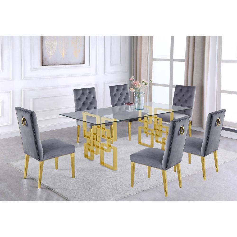 Gold Tempered Glass 7 Piece Dining Set Ring Chairs in Dark Gray Velvet. Picture 1