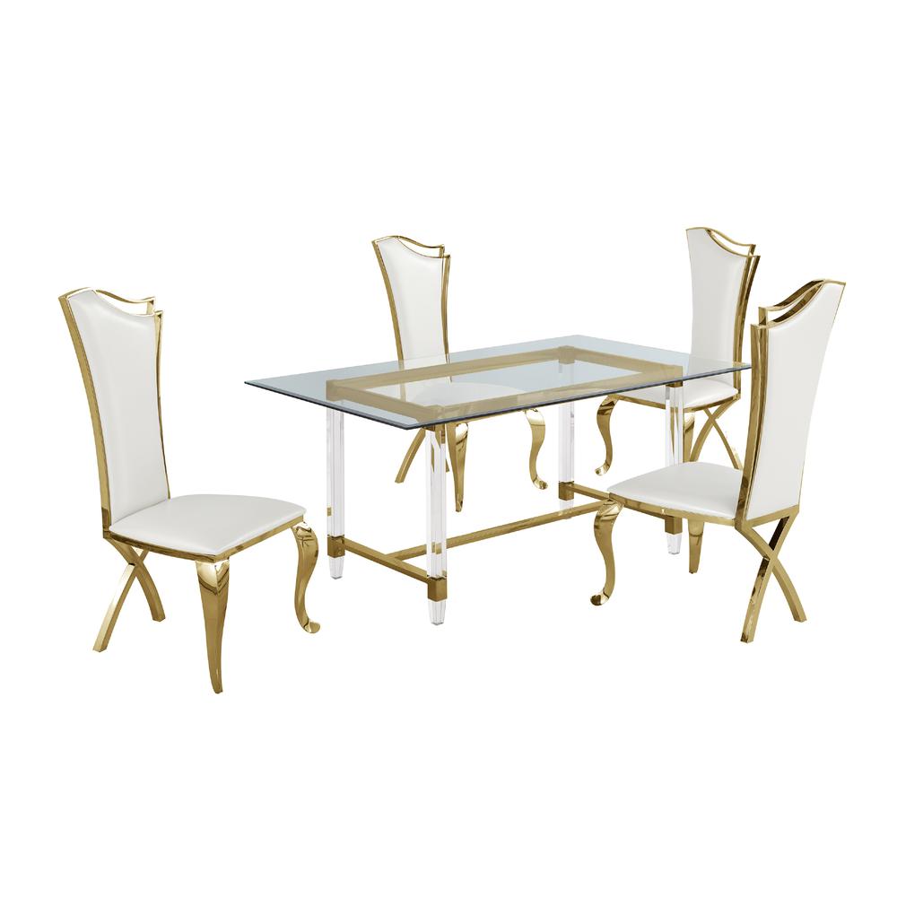 Acrylic Glass 5pc Gold Set Stainless Steel Highback Chairs in White Faux Leather. Picture 2