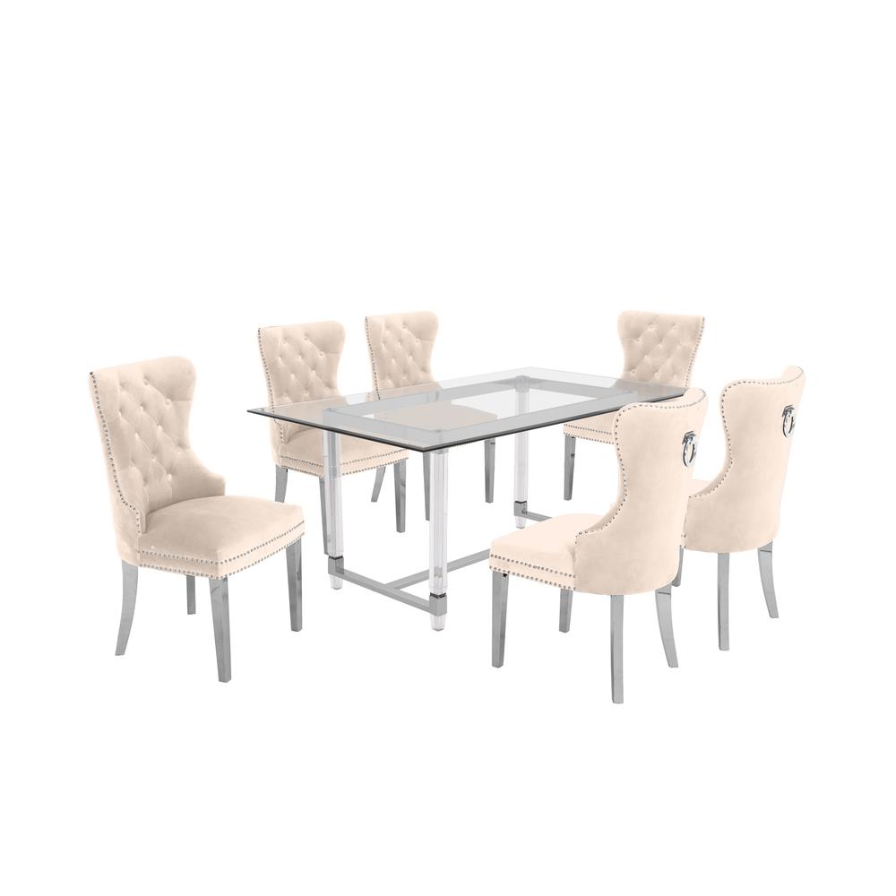 Acrylic Glass 7pc Set Tufted Stainless Steel Chairs in Beige Velvet. Picture 1
