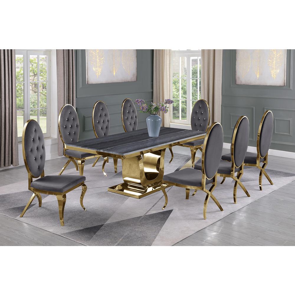 Dark Grey Marble 9pc Set Tufted Faux Crystal Chairs in Dark Grey Velvet. Picture 1