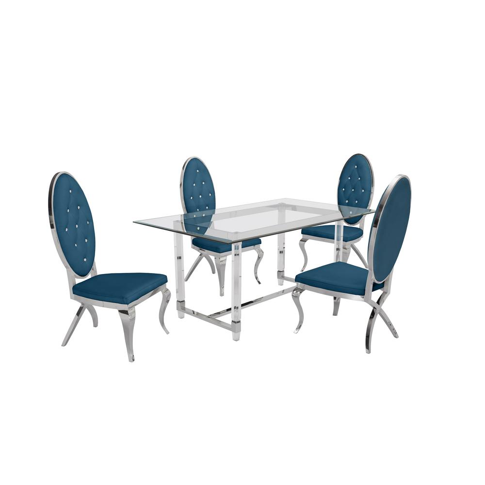 Acrylic Glass 5pc Set Tufted Faux Crystal Chairs in Teal Velvet. Picture 1