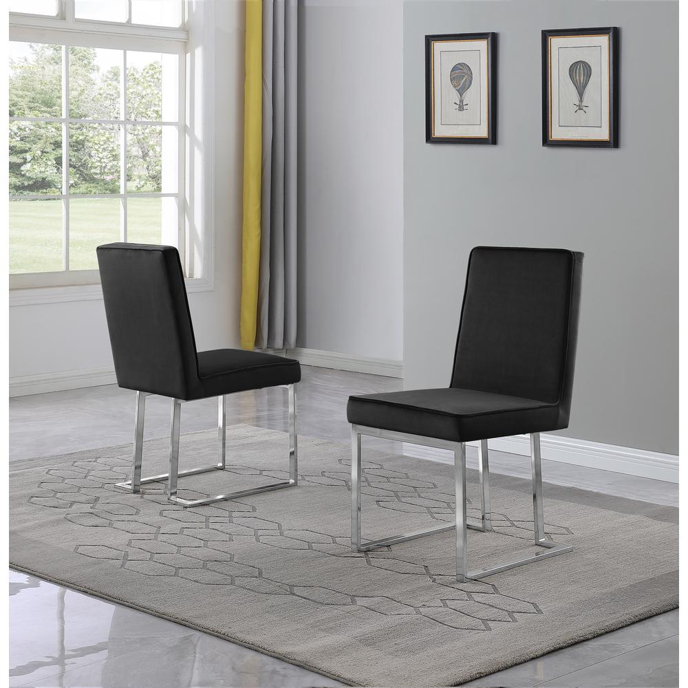 Black Velvet Upholstered Dining Side Chairs, Chrome Base, Set of 2. Picture 2