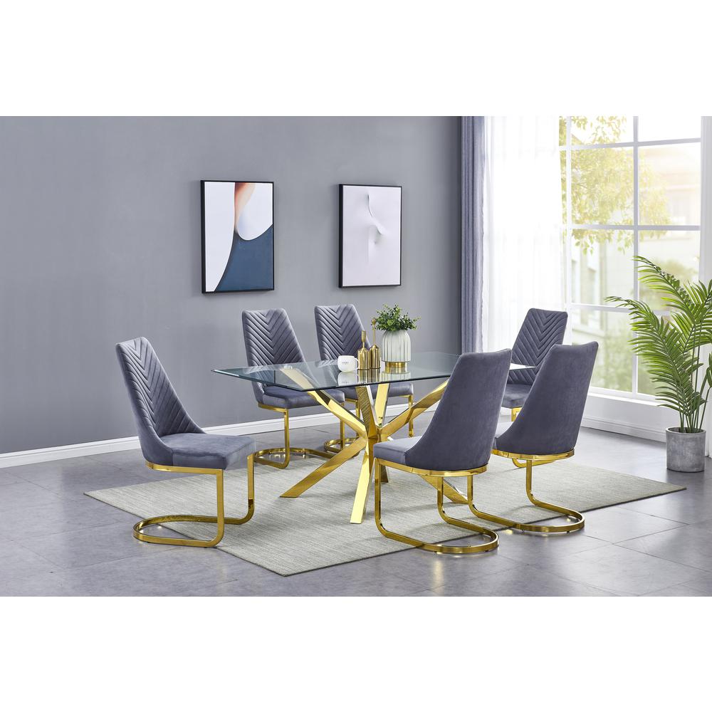 Rectangular Tempered Glass 7pc Gold Set Chrome Chairs in Dark Grey Velvet. The main picture.