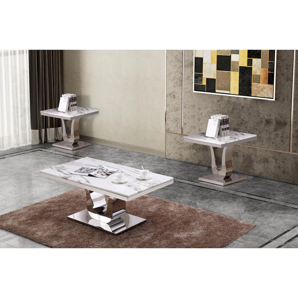 White Marble Coffee Table Set: Coffee Table, 2 End Tables w/Stainless Steel U-Base. Picture 1