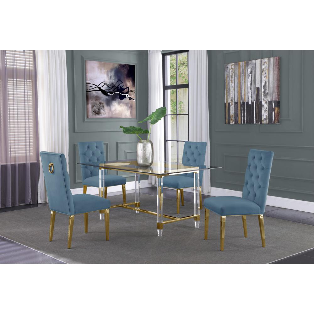 Acrylic Glass 5pc Gold Set Tufted Ring Chairs in Teal Blue Velvet. Picture 1