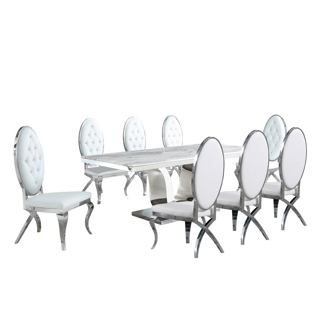 White Marble 9pc Set Tufted Faux Crystal Chairs in White Faux Leather. Picture 1