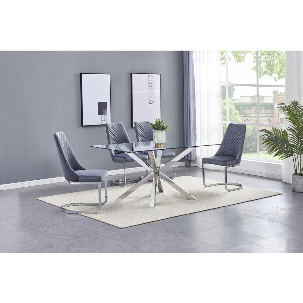 Rectangular Tempered Glass 5pc Set Chrome Chairs in Dark Grey Velvet. Picture 1