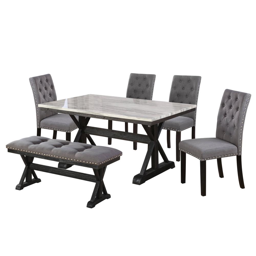 6PC Dining Set: 1 Dining Table with Faux Marble Top, 4 Upholstered Side Chairs with Tufted Buttons and Nailhead Trim, and 1 Upholstered Bench with Tufted Buttons and Nailhead Trim. Picture 2