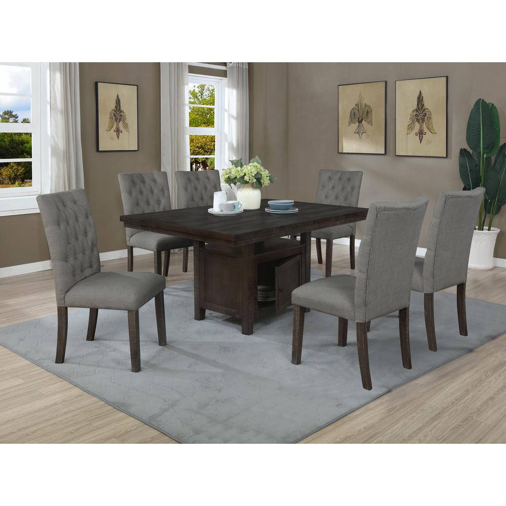 7pc Dining Set w/Uph Chairs Tufted & Table w/Storage, Grey. Picture 1