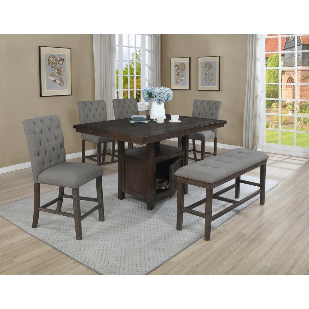 Classic 6pc Dining Set Counter Height w/Rustic Table Storage, Tufted Bench & Side Chairs, Gray. Picture 1