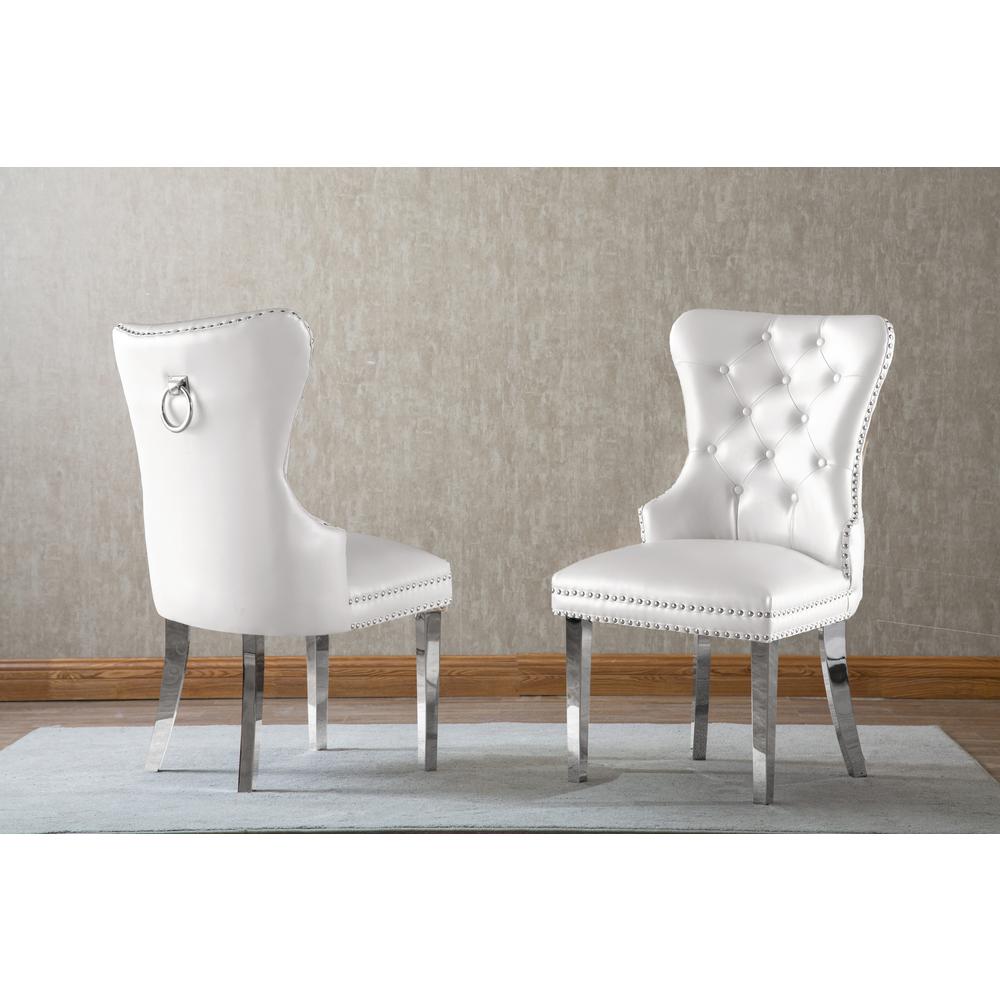 White Faux Leather Tufted Dining Side Chairs, Stainless Steel Legs - Set of 2. Picture 2
