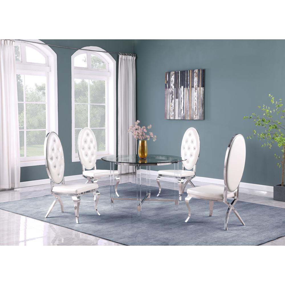 Round 5 Piece Dining Set: Glass Table Acrylic, 4 Dining Chairs Faux Crystal in White Faux Leather. Picture 1