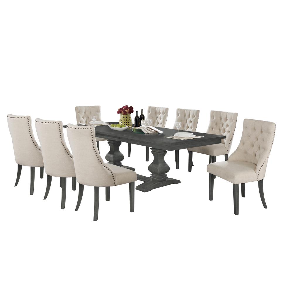 Classic 9pc Dining Set w/Uph Side Chairs Tufted & Naildhead Trim, Table w/Center 18" Leaf. Picture 2