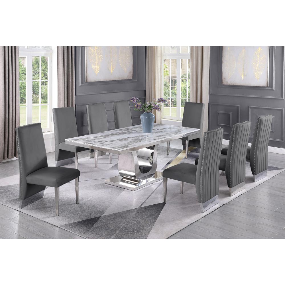 White Marble 9pc Set Pleated Chairs in Dark Grey Velvet. Picture 1