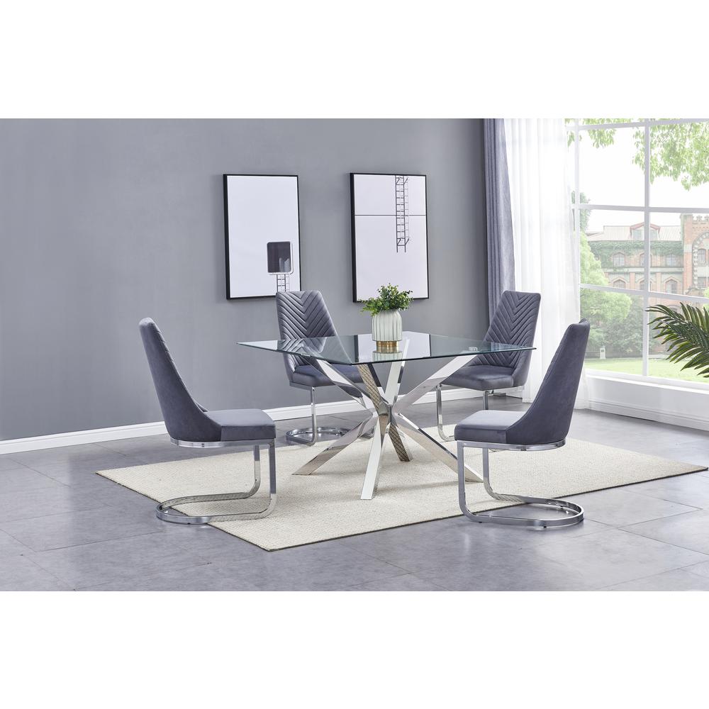 Square Tempered Glass 5pc Set Chrome Chairs in Dark Grey Velvet. Picture 1