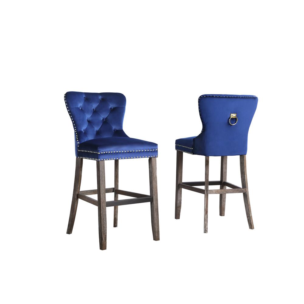 24" Tufted Velvet Upholstered Bar stool in Oceanic Blue, Set of 2, Oceanic Blue. Picture 2