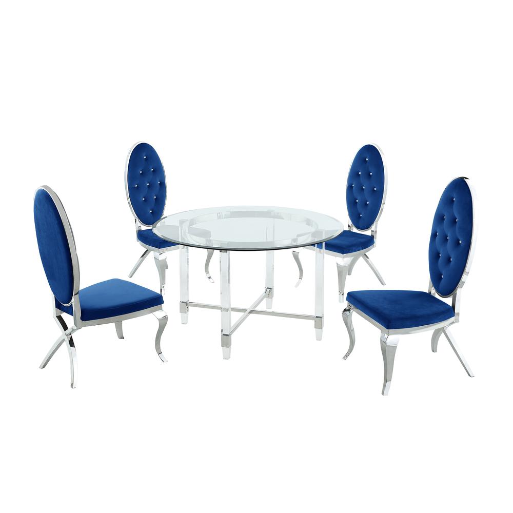Round 5 Piece Dining Set: Glass Table Acrylic, 4 Dining Chairs Faux Crystal in Navy Blue Velvet. Picture 1