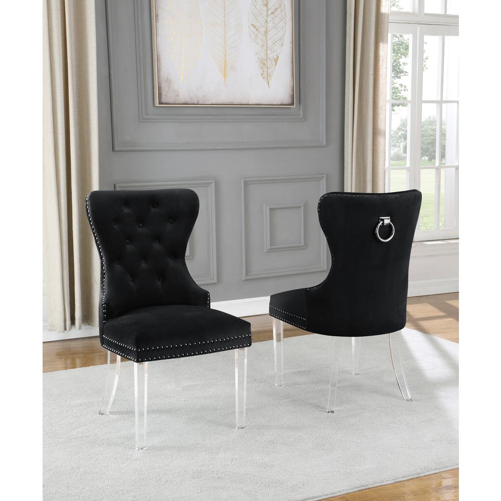 Black Velvet Tufted Dining Side Chairs, Acrylic Legs - Set of 2. Picture 1