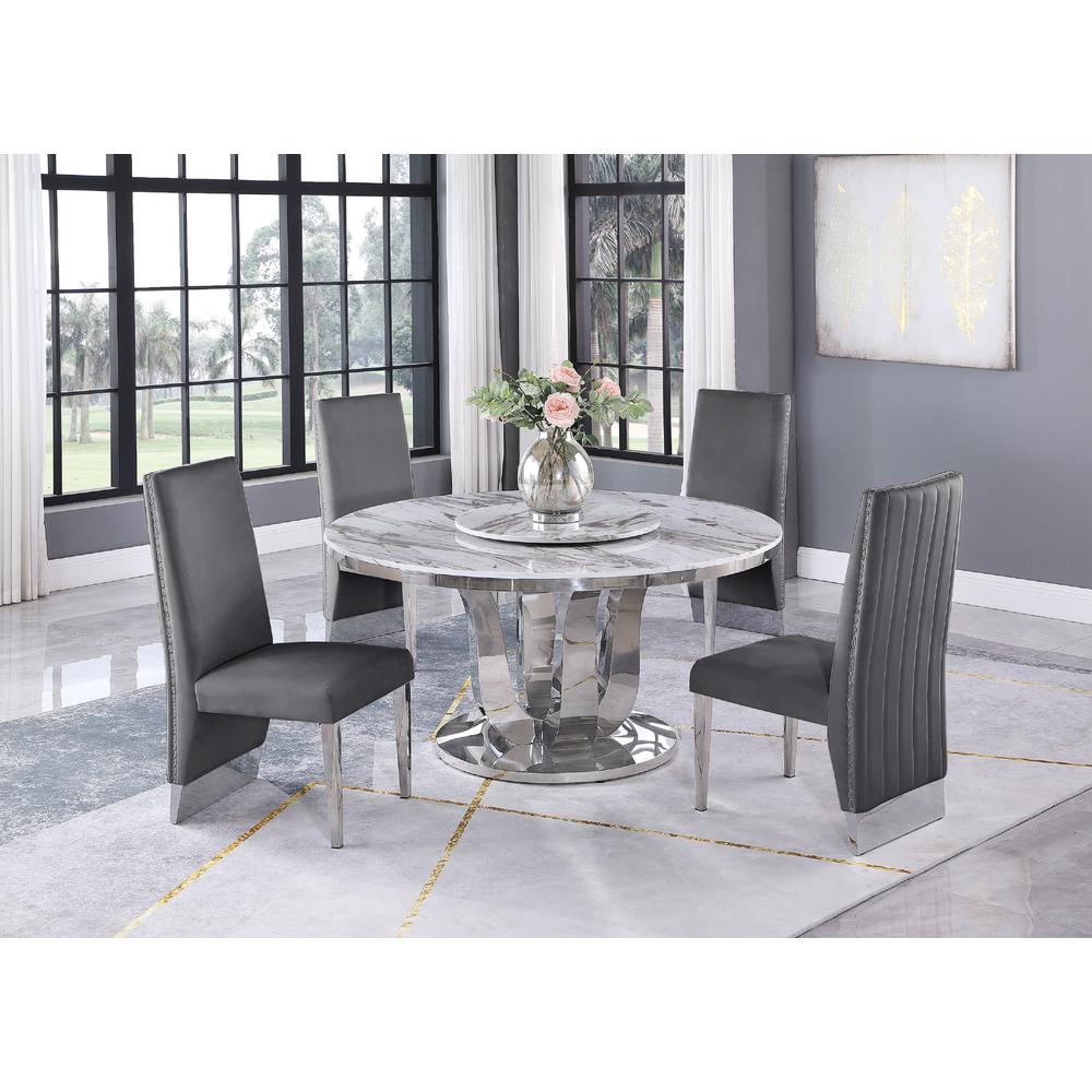 White Marble Lazy-Susan Dining Set Pleated Chairs in Dark Grey Velvet. Picture 1