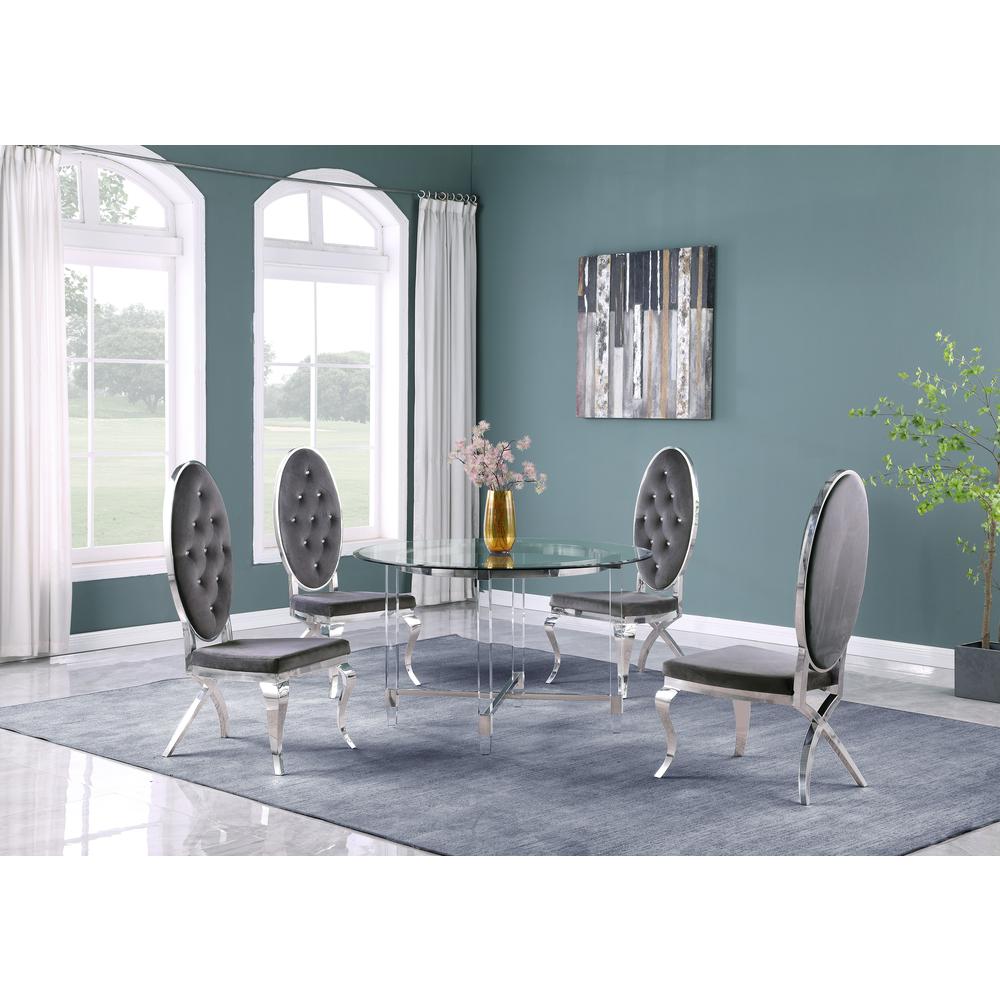 Round 5 Piece Dining Set: Glass Table Acrylic, 4 Dining Chairs Faux Crystal in Dark Gray Velvet. Picture 1