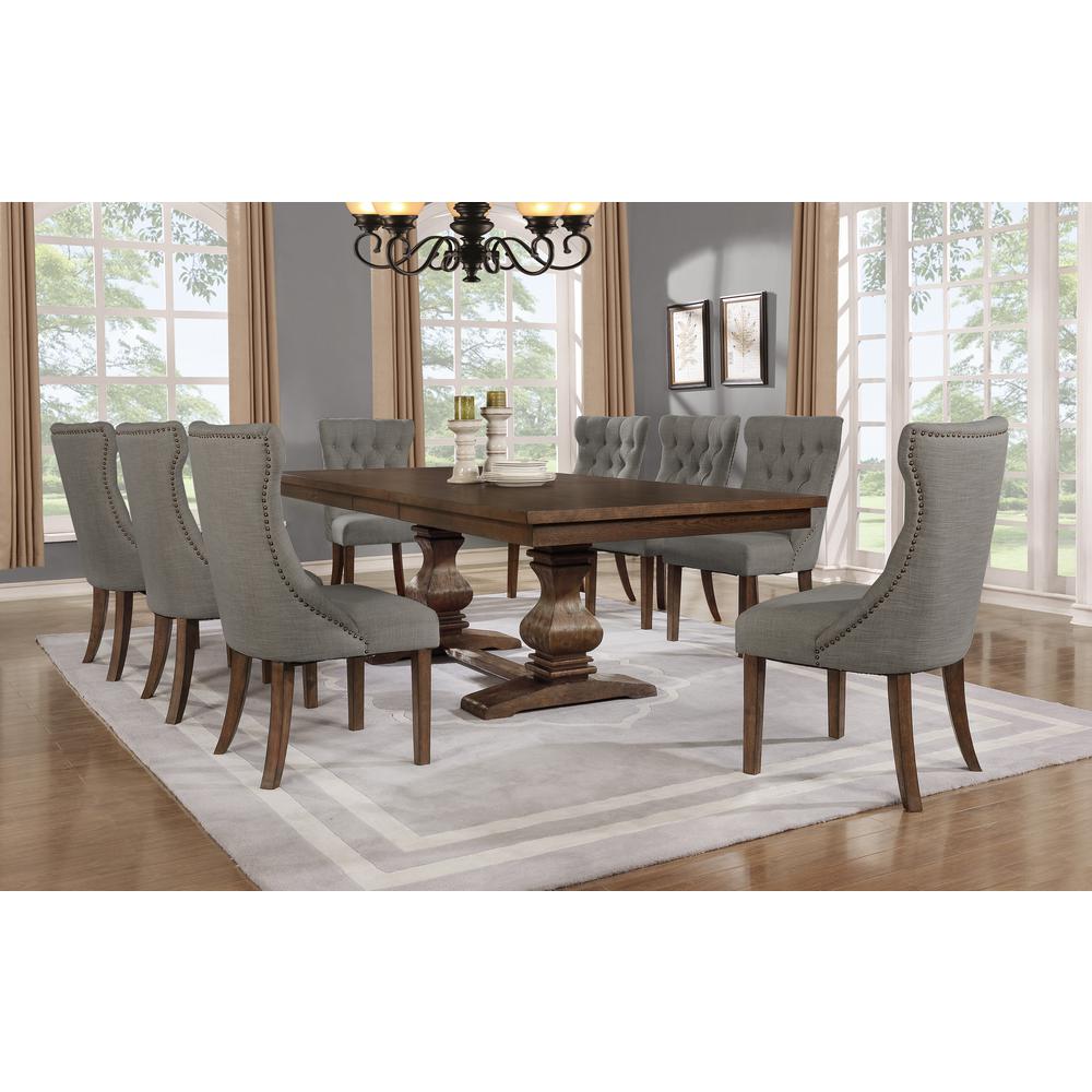 9 piece set Walnut Wood Dining Set with Gray linen fabric chairs. Picture 1
