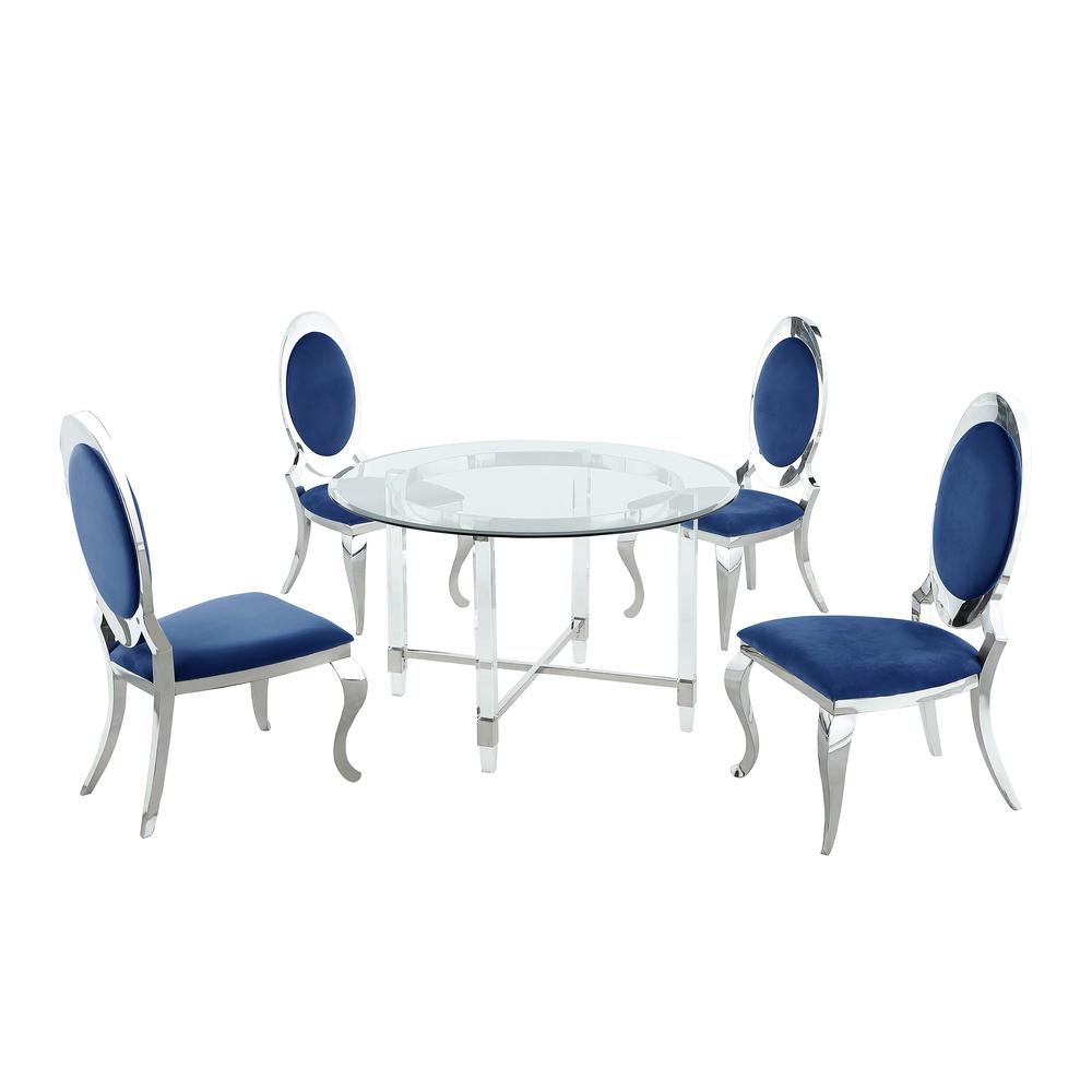 Round 5 Piece Dining Set: Glass Table Acrylic, 4 Dining Chairs Stainless Steel in Navy Blue Velvet. Picture 2