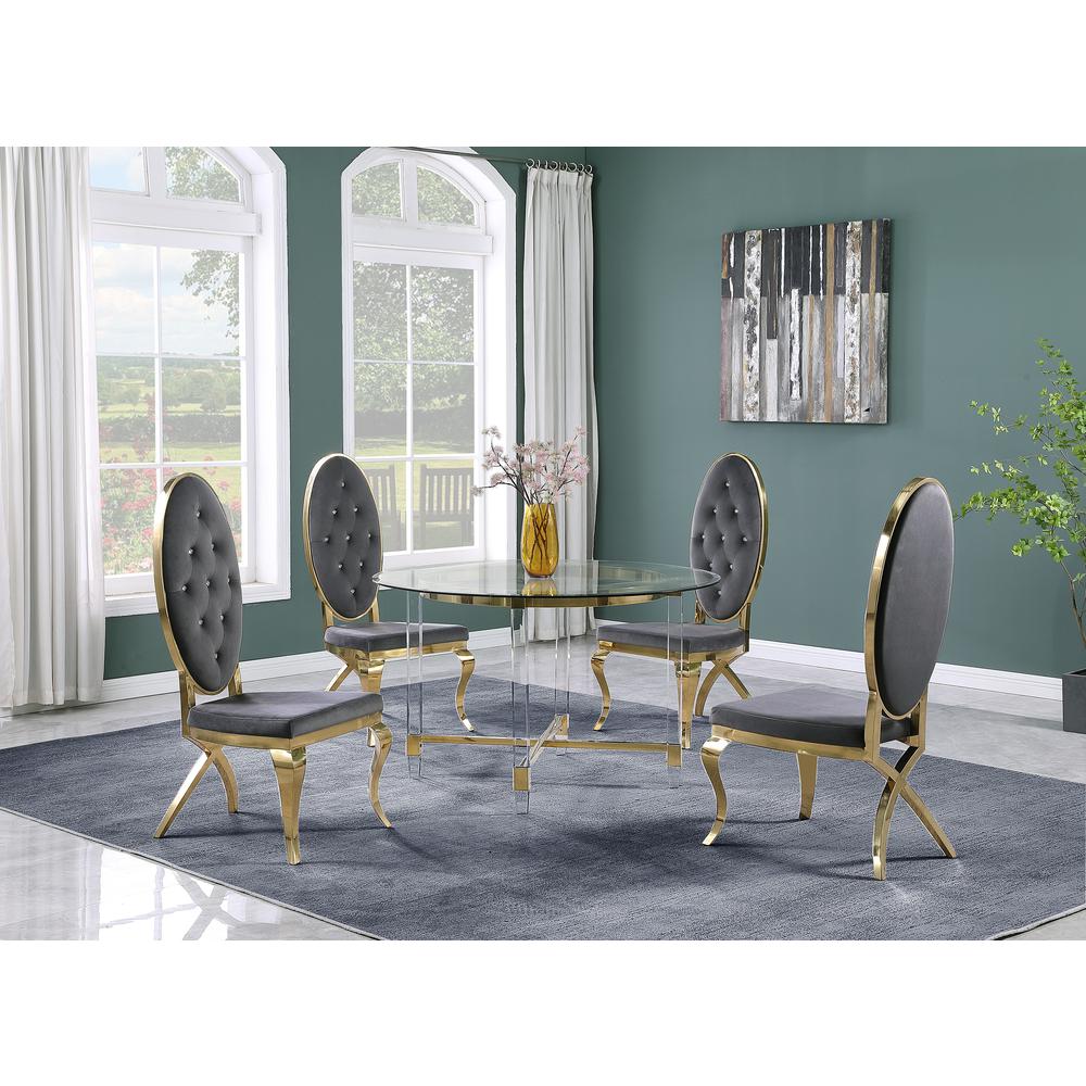 Round 5 Piece Dining Set Gold: Glass Table Acrylic, 4 Dining Chairs Faux Crystal in Dark Gray Velvet. Picture 1