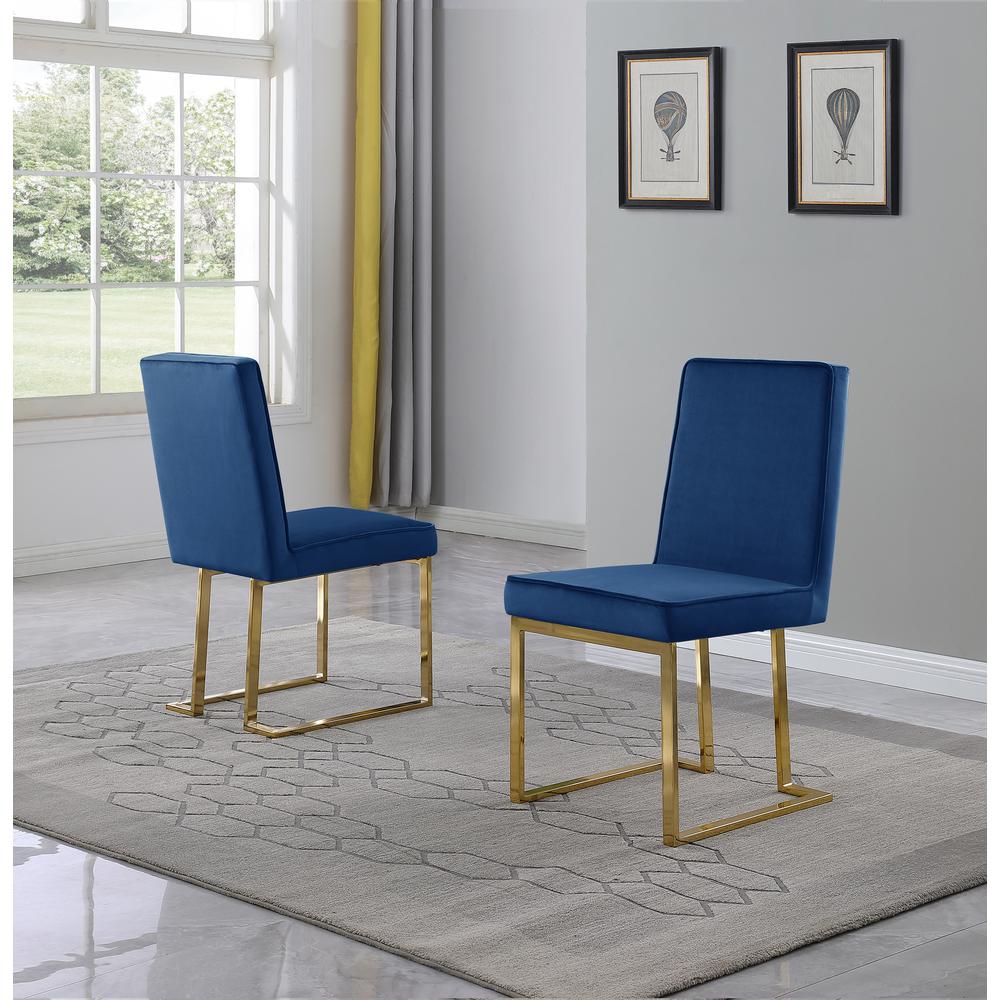 Navy Blue Velvet Upholstered Dining Side Chairs, Chrome Gold Base, Set of 2. Picture 2