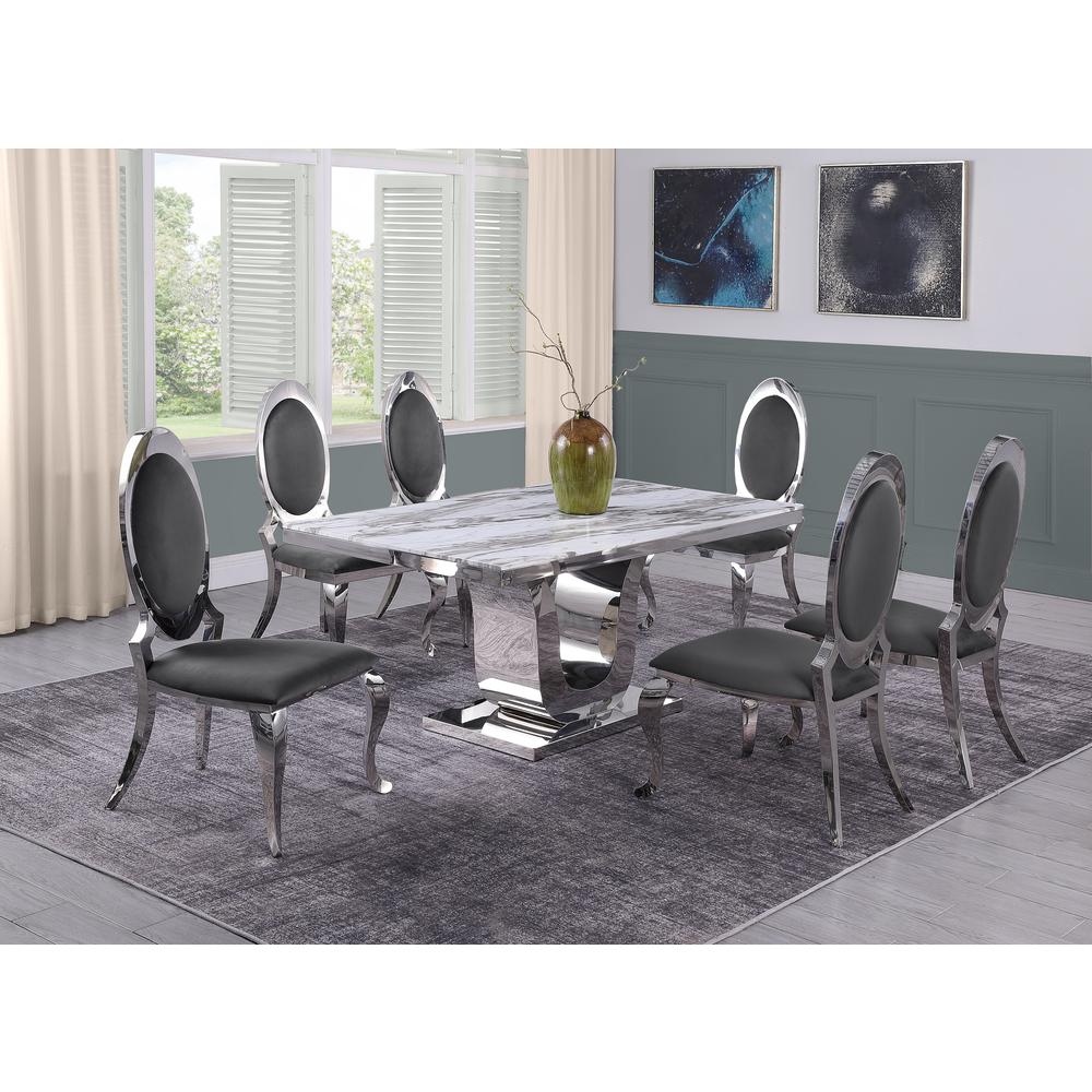 White Marble 7pc Set Stainless Steel Chairs in Dark Grey Velvet. Picture 1