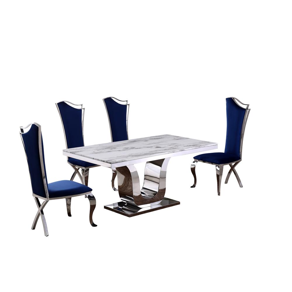 White Marble 5pc Set Non-Tufted Stainless Steel Chairs in Navy Blue Velvet. Picture 2