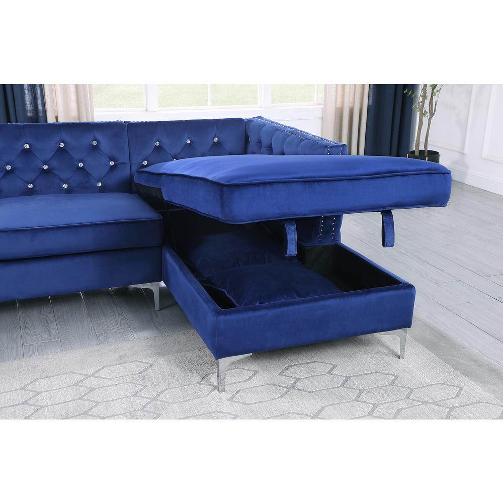 Navy Blue Velvet L-Shaped Tufted Faux Crystal Sofa & Chaise. Picture 2