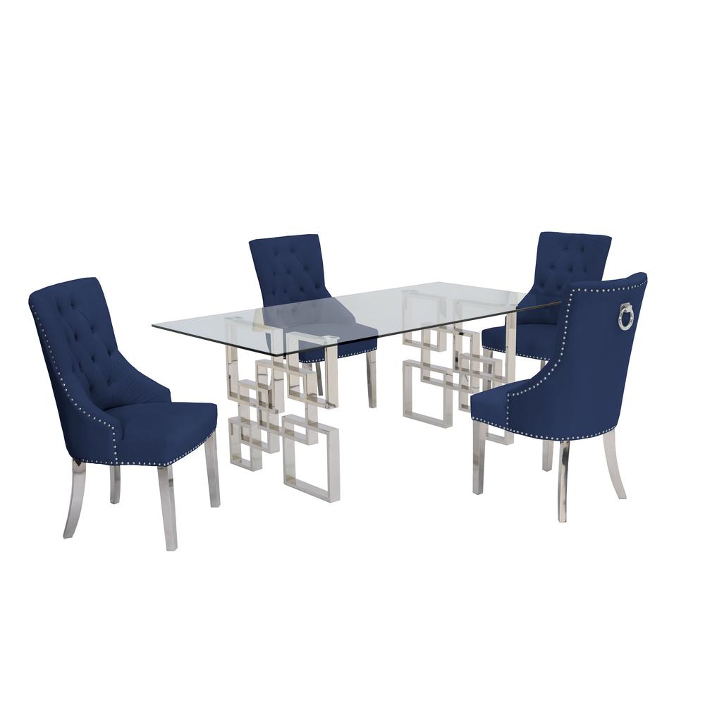 Stainless Steel 5 Piece Dining Set, Tufted Velvet w/ Ring Handle Chairs 745. Picture 3