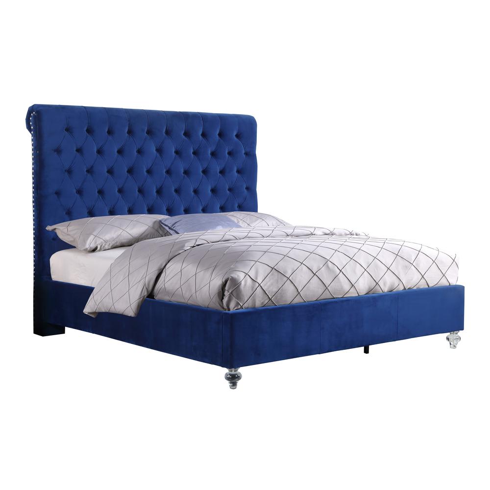 Navy Blue Velvet Uph. Panel Bed with Acrylic Feet - Cal. King. Picture 1