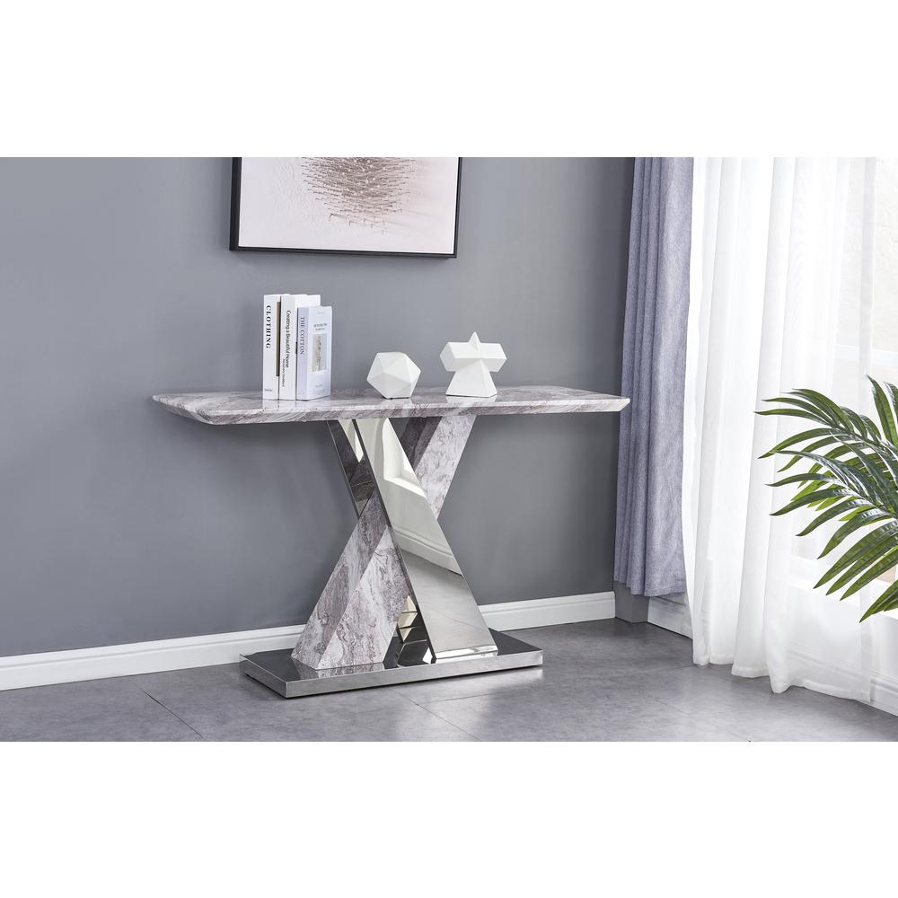 White Faux Marble Console Table w/Stainless Steel X-Base. Picture 1