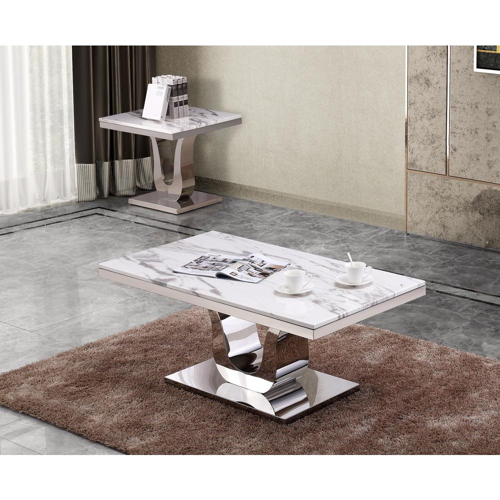 White Marble Coffee Table Set: Coffee Table, End Table w/Stainless Steel U-Base. Picture 1