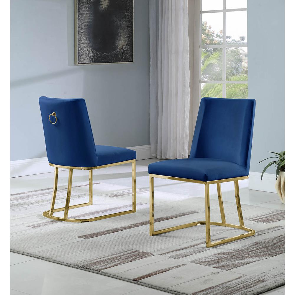 Velvet Upholstered Side Chair, Gold Color Legs, 4 Colors to Choose (Set of 2) - Navy. Picture 1
