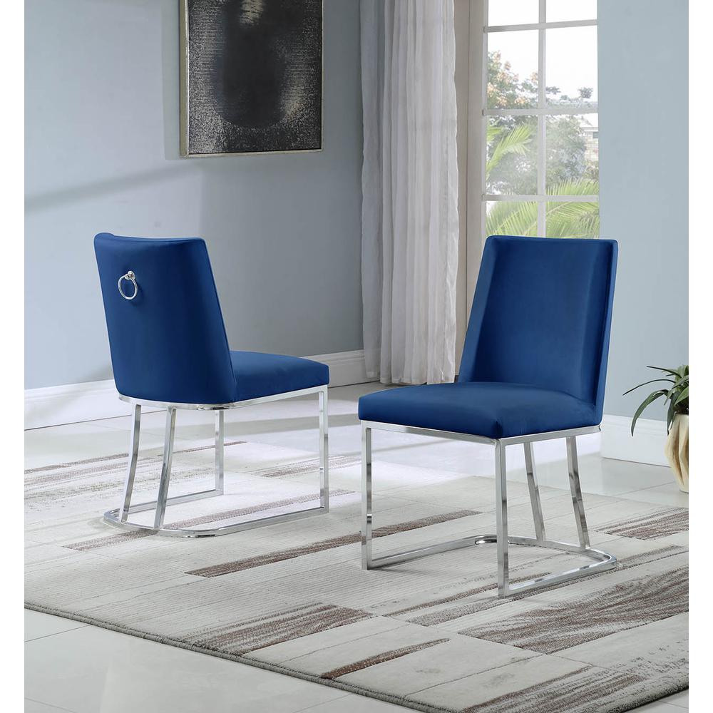 Velvet Upholstered Side Chair, Silver Color Legs, 4 Colors to Choose (Set of 2) - Navy. Picture 1
